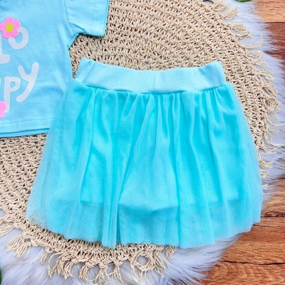 Conj. Blusa Hello Happy e Short Saia em Tule - Verde Água